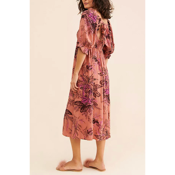 NWT Anthropologie Dress L Orange Floral Boho Prairie Festival Smocked‎ Open Back - Picture 2 of 10